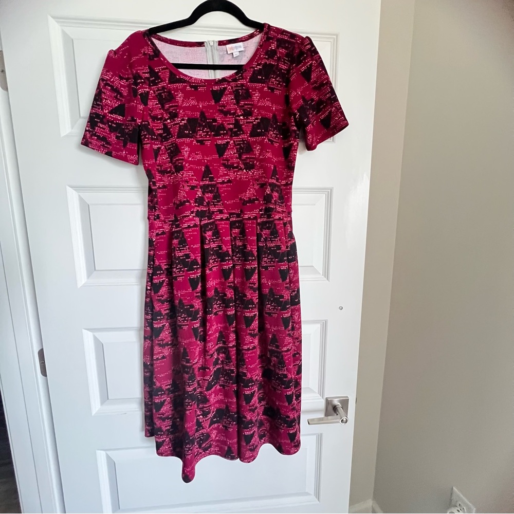 LuLaRoe Pink & Black Geometric Fit + Flare Dress (L)